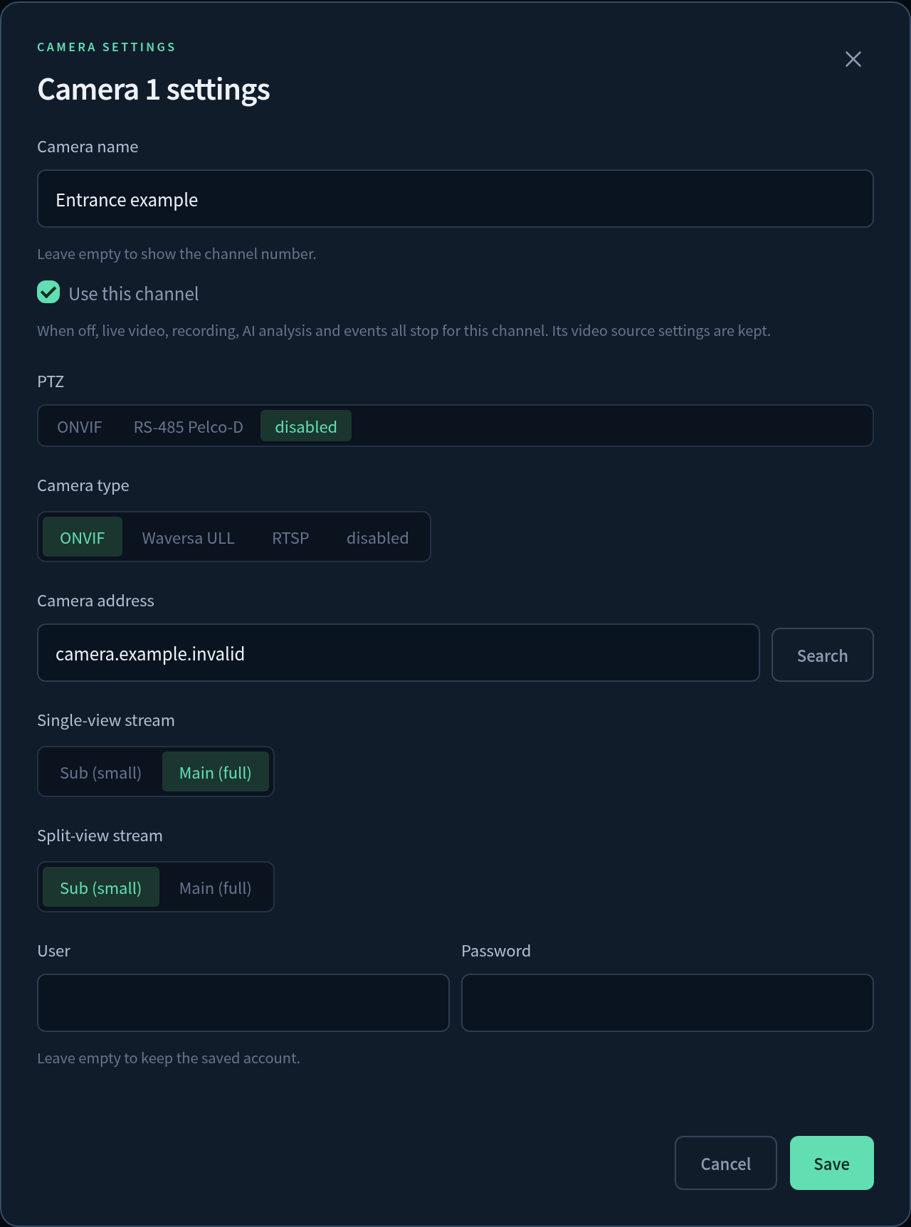 ONVIF source type, example address and single / split stream controls