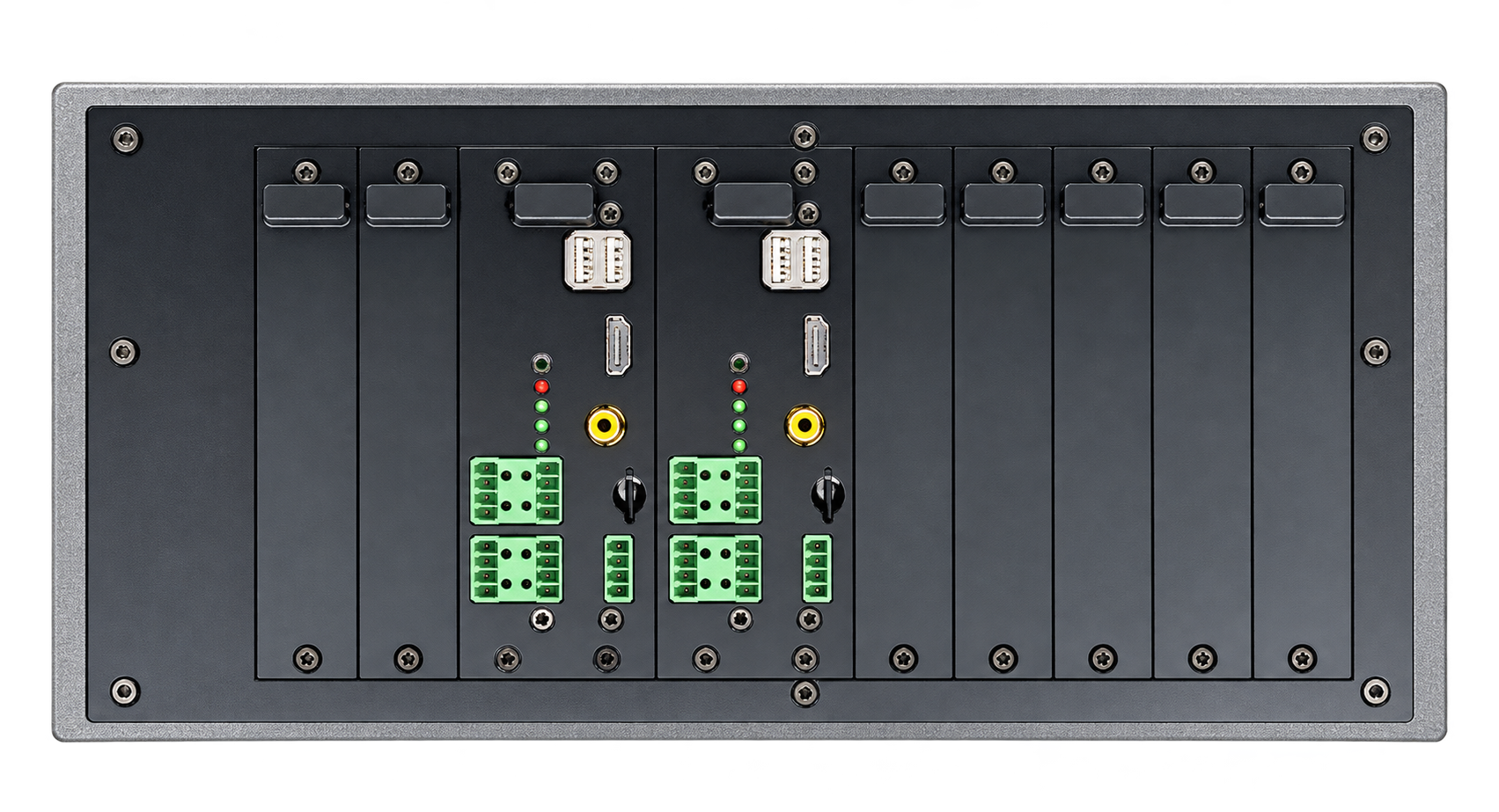 Connection side of an SGE chassis with two installed modules
