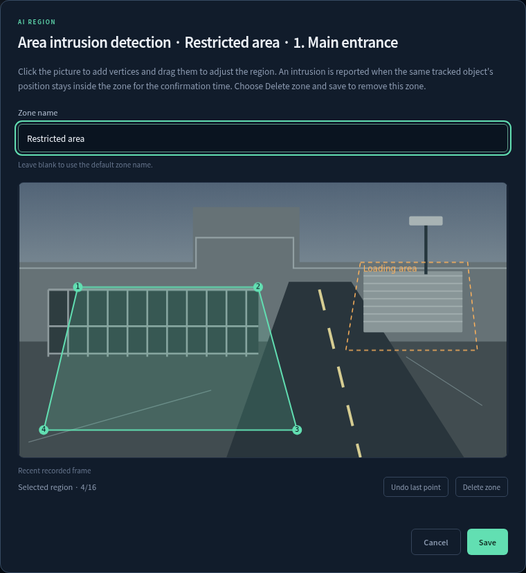 Actual zone editor with polygon vertices and a zone name