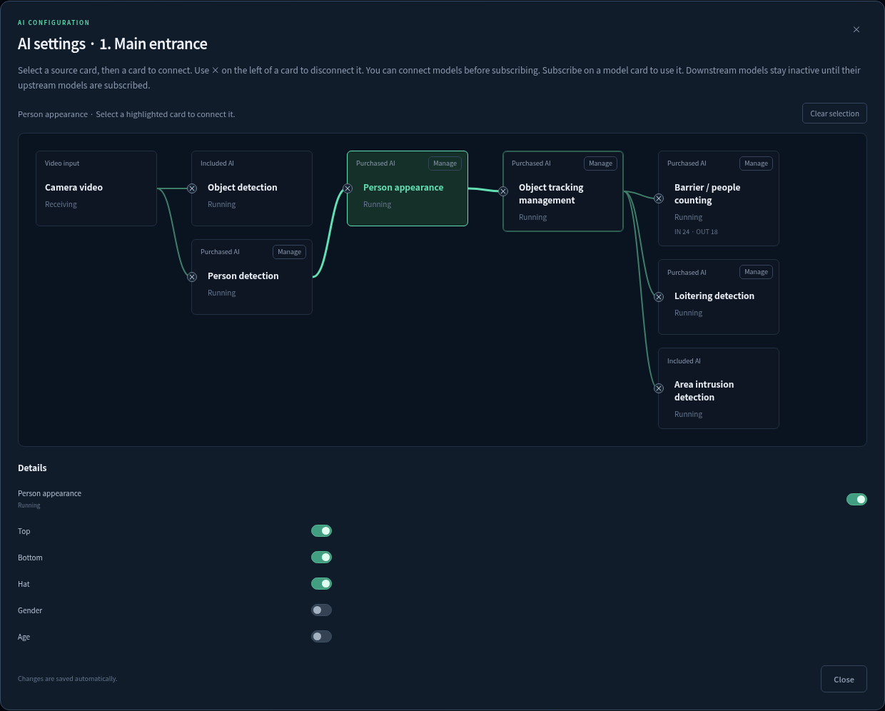 WServer AI card connections and person appearance options
