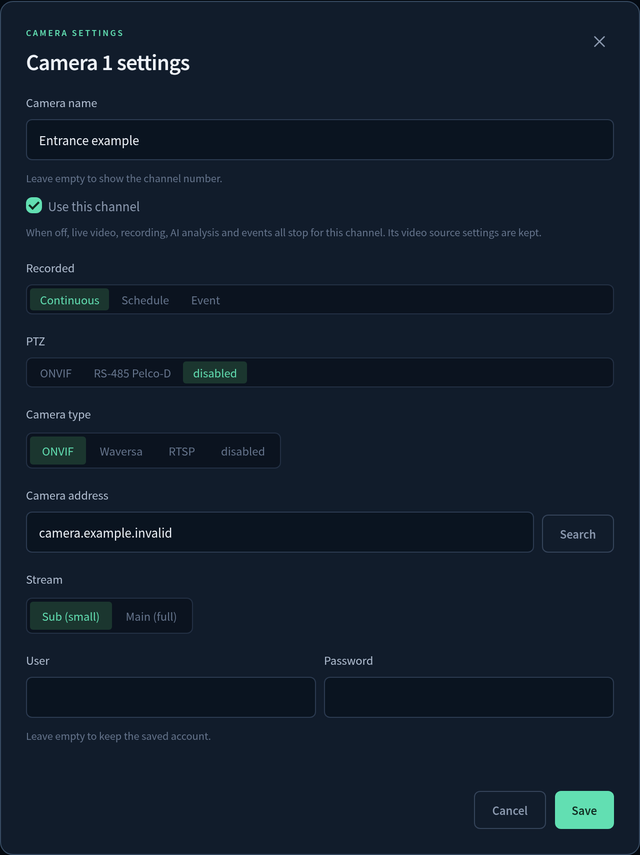 Actual WServer camera name, recording mode and video-source settings
