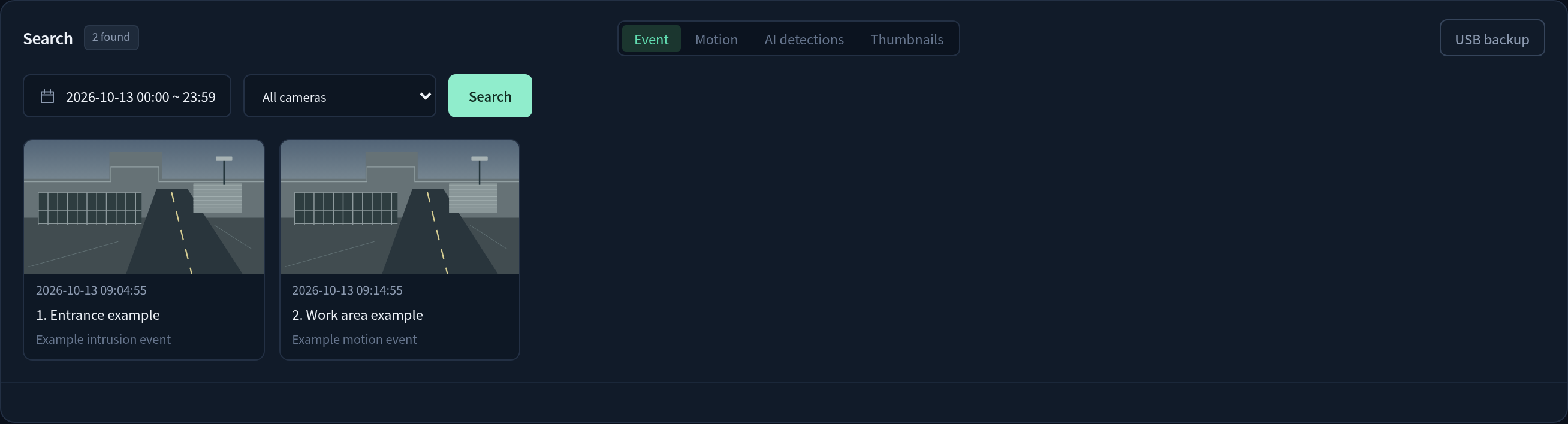 Search mode, date and camera filters with example event results